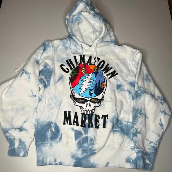 Chinatown Market Grateful Dead Tie-Dye Hoodie Small – Blue White Skull Graphic - Picture 1 of 9